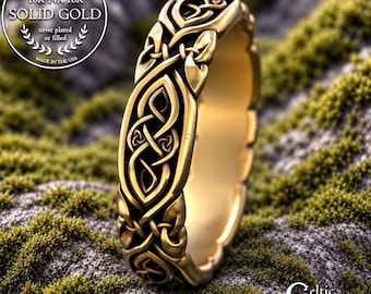 Women's Delicate Gold Celtic Wedding Band, 10K 14K White Gold Scottish Infinity Knot Ring, Platinum Bridal Woven Knots Handfasting Ring,2005