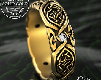 Gold Women's Heart Wedding Band, 10K Welsh Knotwork Ring, Moissanite & White Gold Celtic Bride's Ring, 14K Gaelic Woven Hearts Ring, 2008