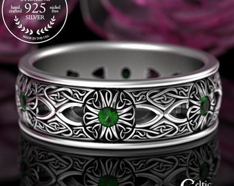 Men's Emerald Irish Cross Ring, Sterling Woven Cross Wedding Ring, Ruby Christian Promise Ring, Silver Catholic Groom Marriage Ring, 3242