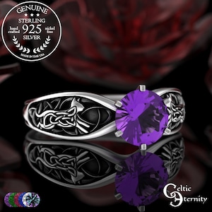 Amethyst Bridal Cat Ring, Sterling Ruby Kitten Solitaire Ring, Moissanite Wildcat Engagement Ring, Silver Irish Kitty Cat Wedding Ring, 3255