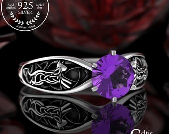 Amethyst Bridal Cat Ring, Sterling Ruby Kitten Solitaire Ring, Moissanite Wildcat Engagement Ring, Silver Irish Kitty Cat Wedding Ring, 3255