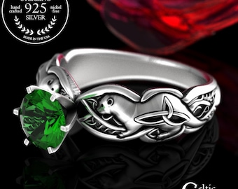 Emerald & Sterling Silver River Otter Solitaire Engagement Ring, Gemstone Otterkin Ring, Water Weasel Proposal Ring, Animal of Lir, 3060