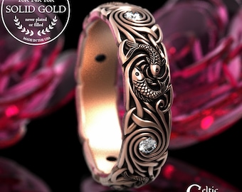 Rose Gold & Moissanite Woman's Koi Fish Wedding Band, Platinum Pisces Bridal Ring, 2098