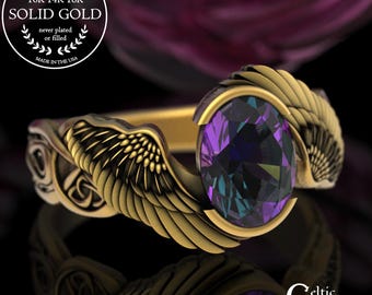 Alexandrite Bride Angel Wings Ring, 14K Gold Viking Engagement Ring, 18K White Gold Feather Bezel Wedding Ring, Platinum Goddess Ring, 3297