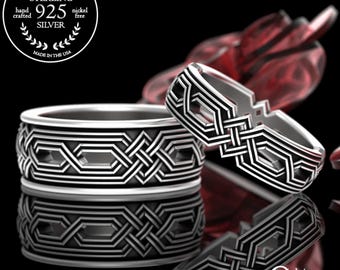 Matching Geometric Viking Wedding Band Set, Sterling His Hers Norse Knotwork Ring Set, Silver Braided Scottish Bride Groom Set, 1324 4326