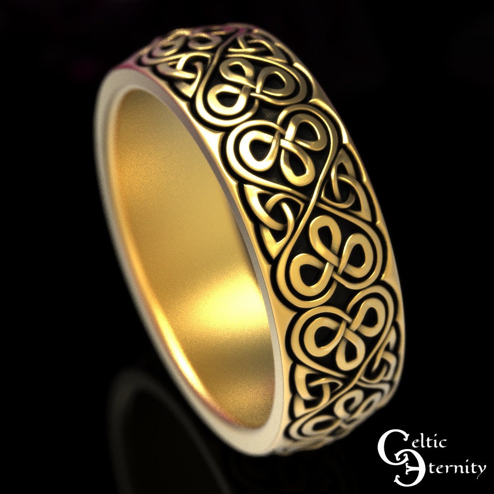 Mens Solid Gold Celtic Band, 10K Gold Trinity Ring, 14K White Gold Celtic Wedding Ring, 14K Gold