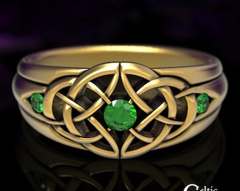 Gold Statement Ring, Mens Emerald Ring, Mens Emerald Gold Ring, Mens Celtic Ring, Mens Gold Wedding Band, Emerald Celtic Wedding Ring, 1601