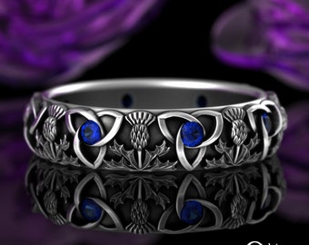 Sapphire Scottish Thistle Wedding Band, Sterling Silver Womens Knotwork Ring, Celtic Sapphire Trinity Knot, Womens Irish Thistle Ring, 4813