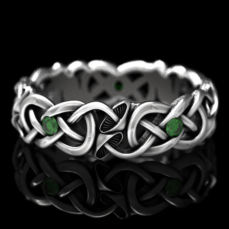 Plant Ring 1371 Eternity Wedding Band Nature Ring Psychedelic Ring Mushroom Ring Mushroom Infinity Ring Sterling Silver with Emeralds