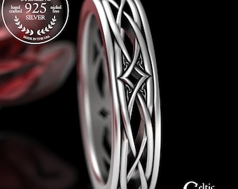 Sterling Silver Irish Trinity & Diamond-Weave Wedding Band, Intricate Men's Celtic Wedding Ring, Narrow Groom's Scotland Ring, 2086