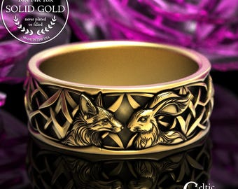 Men's Gold or Platinum Fox & Hare Ring, 14K White Gold Fox Wedding Band for Groom, 10K Gold Celtic Fox Animal Ring, 2179