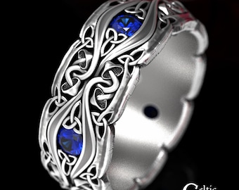 Mens Celtic Mushroom Ring, Wide Celtic Mens Wedding Band, Sapphire & Sterling Silver Ring, Mens Silver Wedding Ring, Mushroom Ring, 1535