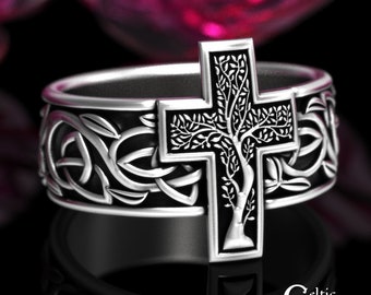 Tree of Life Wedding Ring, Sterling Silver Mens Cross Ring, Mens Cross Wedding Ring, Celtic Tree Wedding Ring, Irish Tree Wedding Ring, 1931