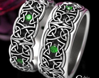 Sterling Emerald Wedding Ring Set, Celtic Matching Wedding Bands, Emerald Wedding Ring Set, Matching Emerald Rings, Celtic Rings 1822 1823