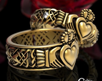 Moissanite Heart Wedding Set, His Hers Gold Claddagh Rings, Moissanite Claddagh Rings, Matching Celtic Wedding Bands, Irish Rings, 1545 1546
