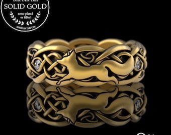 Moissanite Fox Wedding Band, 10K Gold Celtic Fox Ring, Irish Fox Ring, 10K Fox Wedding Ring, Womens Gold Fox Ring, Diamond Fox Ring, 3196