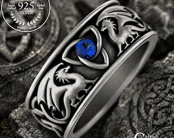 Norse Sterling Dragon Ring, Sapphire Dragon Wedding Band, Celtic Sapphire Dragon Ring, Nordic Mens Wedding Ring, Silver Irish Dragon, 3052