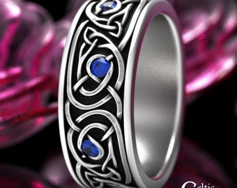 Celtic Sterling Wedding Ring, Mens Sapphire Celtic Ring, Silver Knotwork Ring, Silver Celtic Ring, Irish Wedding Ring, Men Celtic Ring, 1917