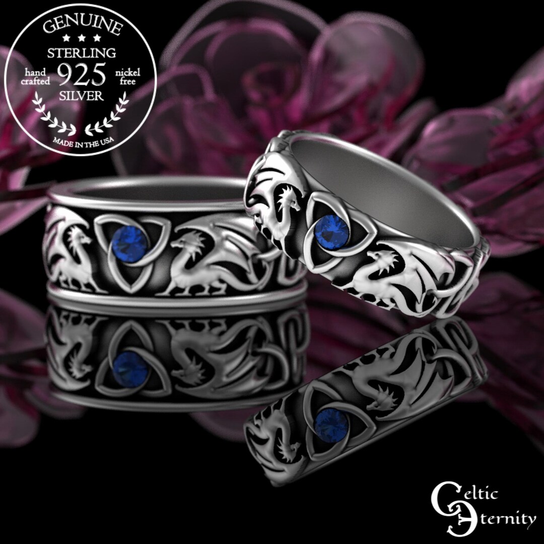 Bride Groom Sapphire Dragon Wedding Set, Sterling Sapphire Matching D&D ...