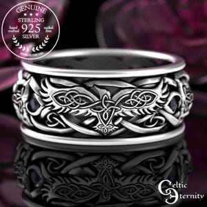 Alexandrite Raven & Wolves Wedding Ring, Mens Alexandrite Wedding Ring, Sterling Viking Ring, Viking Raven Ring, Raven Wedding Ring, 4697