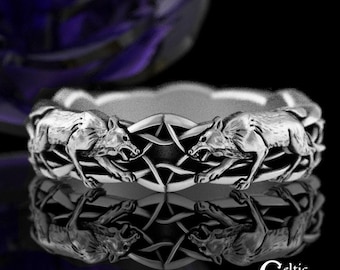 Sterling Wolves & Knotwork Wedding Ring, Silver Guardian Wolf Ring, Bride's Wolf Ring, Lady's Viking Wedding Band, Wolf Spirit Animal, 1746