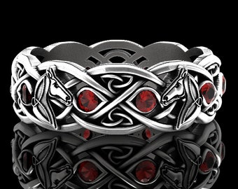 Celtic Horse Ring with Rubies, Silver Horse Ring, Horse Wedding Ring, Horse Wedding Band, Stallion Ring, Horse Jewelry, Celtic Ring, 1681