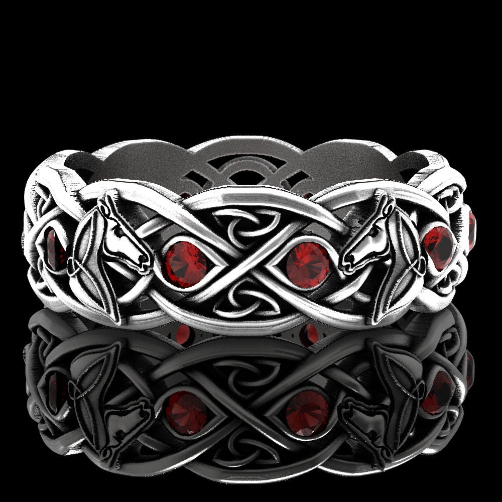 Celtic Horse Ring with Rubies, Silver Horse Ring, Horse Wedding Ring