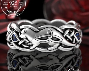 Celtic Otter Ring, Sterling Silver Otter Wedding Band, Sapphire Otter Ring, Irish Otter Ring, Otter Wedding Band, Otter Wedding Ring, 3025