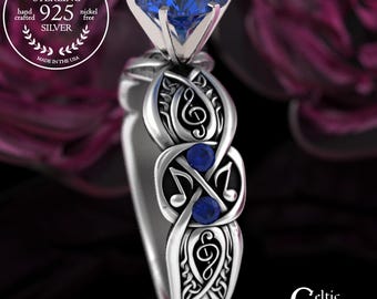 Sterling Music Notes Engagement Ring, Sapphire Celtic Melody Ring, Orchestra Wedding Ring, Irish Harmony Ring, Symphony Solitaire, 3272