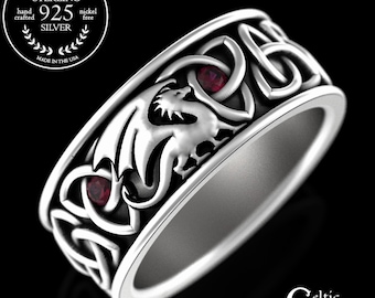Ruby Norse Dragon Ring, Sterling Mens Irish Dragon Ring, Trinity Knot Dragon Wedding Ring, Men Dragon Wedding Band, Silver Viking Ring, 3053