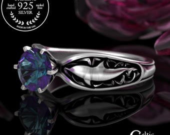 Alexandrite Dolphin Engagement Ring, Sterling Silver Celtic Dolphin Wedding Ring, Womens Alexandrite Wedding Ring, Ocean Ring, 3064