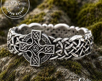 Sterling Woven Cross Ring, Silver Irish Cross Ring, Sterling Silver Cross Wedding Band, Men Silver Cross Ring, Cross Knotwork Ring, 1860