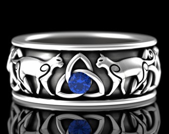 Silver Celtic Cat Ring, Sterling Sapphire Cat Wedding Ring, Irish Cat, Scottish Cat, Knotwork Ring, Sapphire Irish Ring, Trinity Knot, 3107