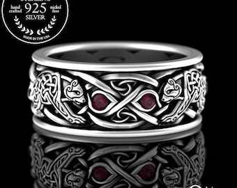 Viking Bear Wedding Band, Sterling Ruby Irish Wedding Ring, Mens Scottish Bear Ring, Woven Bear Wedding Ring, Silver Ruby Celtic Ring, 3095