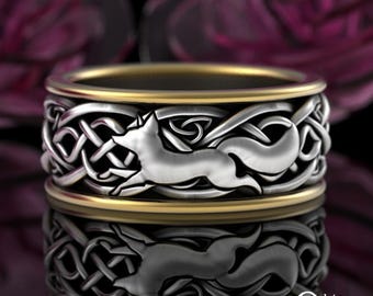 Sterling & 10K Gold Mens Fox Wedding Band, 2tone Man Wedding Ring, BiColor Irish Fox Ring, Two-Tone Groom Celtic Knotwork, Running Fox, 4033