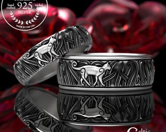 Sterling Cat Ring Set, Matching Sterling Wedding Rings, Silver Cat Rings, Celtic Cat Wedding Bands, Silver Cat Wedding Bands, 1911 1912