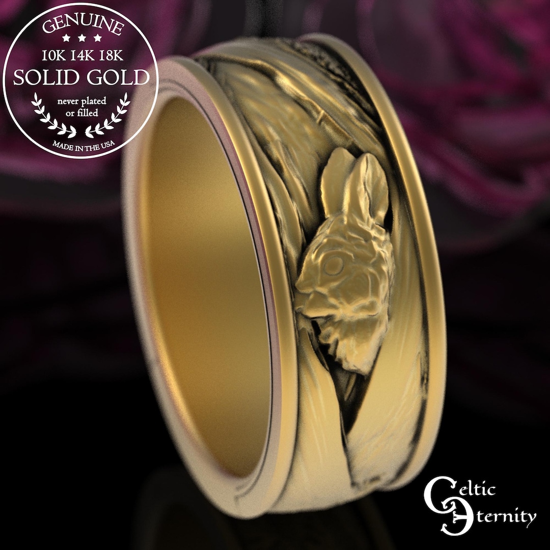 Gold Rabbit in Tree Hollow Ring for Groom, 18K White Gold Hare Wedding ...
