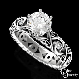 Moissanite Solitaire Engagement Ring, Sterling Celtic Wedding Ring, Knotwork Wedding Ring, Womens Engagement Ring, Silver Bridal Ring, 4741