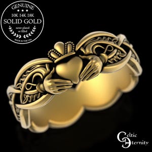 Womens Gold Claddagh Wedding Ring, 10K Scottish Claddagh Ring, 14K Welsh Brides Ring, 10K Celtic Heart Crown Ring, Infinity Handfasting,3238