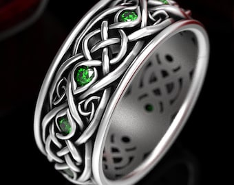 Infinity Wedding Band With Emeralds, 925 Sterling Silver Celtic Ring, Unique Wedding Ring, Celtic Wedding Band, Handcrafted Size CR1096