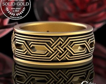 Gold Mens Viking Wedding Band, 10K 14K Gold Irish Knotwork Wedding Ring, Diamond Weave Celtic Ring, Gold Geometric Tribal Design Ring, 4326