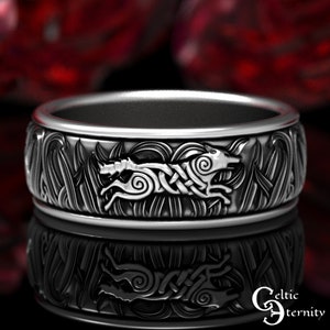 Mens Sterling Wolf Ring, Silver Wolf Wedding Band, Celtic Wolf Wedding Ring, Mens Celtic Wolf Ring, Sterling Silver Wolf Wedding Ring, 1910