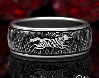 Mens Sterling Wolf Ring, Silver Wolf Wedding Band, Celtic Wolf Wedding Ring, Mens Celtic Wolf Ring, Sterling Silver Wolf Wedding Ring, 1910