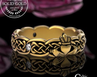 Gold Scottish Highlands Ring, 10K Moissanite Woman's Claddagh Ring, 14K Celtic Wedding Ring for Woman, Platinum Crown Hands Welsh Ring, 3253