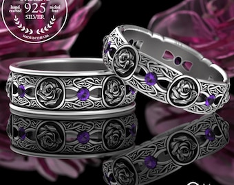 Amethyst Rose Flower Celtic Wedding Ring Set, Sterling Scottish Knotwork Matching Rings, Silver His Hers Irish Knot Wedding Bands, 3045 3046