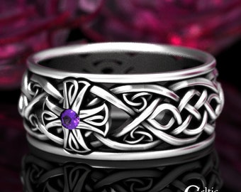 Amethyst & Sterling Celtic Cross Ring, Irish Cross Wedding Band, Mens Silver Cross Ring, Silver Irish Cross Ring, Amethyst Cross Ring, 1929