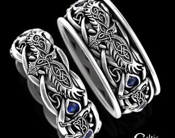 His Hers Sapphire Raven Wolf Ring Set, Sterling Celtic Matching Ring Set, Irish Wolves Wedding Band, Silver Wedding Ring Set, 4696 4697