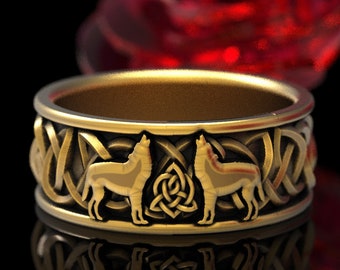 Solid Celtic Wolf Ring in Gold, Wolf Wedding Band, Celtic Animal Ring, Wolf Jewelry, Wolves Norse Ring, 10K 14K 18K Gold or Platinum 1705