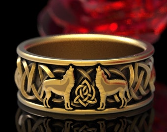 Solid Celtic Wolf Ring in Gold, Wolf Wedding Band, Celtic Animal Ring, Wolf Jewelry, Custom Norse Ring, 10K 14K 18K Gold or Platinum 1705