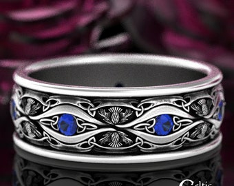 Mens Sapphire Ring, Sterling Thistle Mens Ring, Mens Scottish Ring, Mens Scottish Wedding Band, Sterling Silver Scottish Thistle Ring, 3023